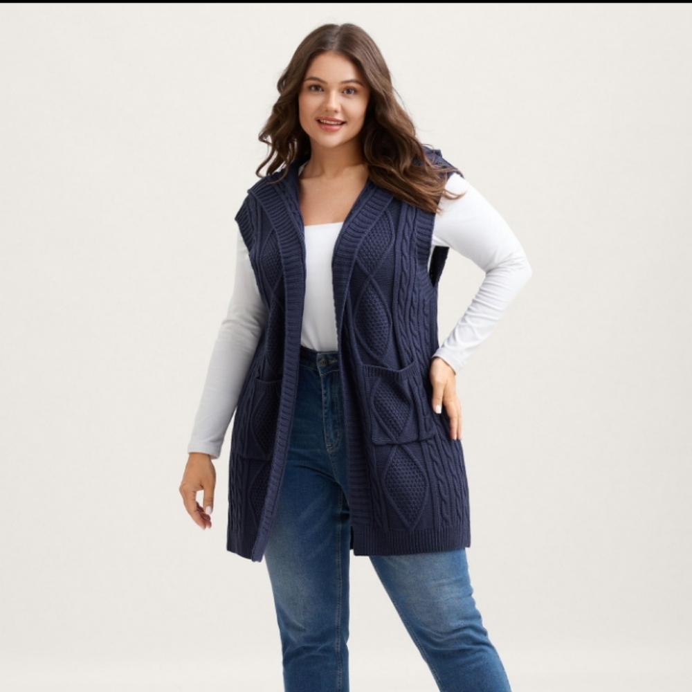Navy Cable Knit Hooded Cardigan